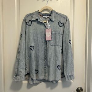 Light Wash Denim Shirt with Embroidered Hearts- 100% Cotton. NWT